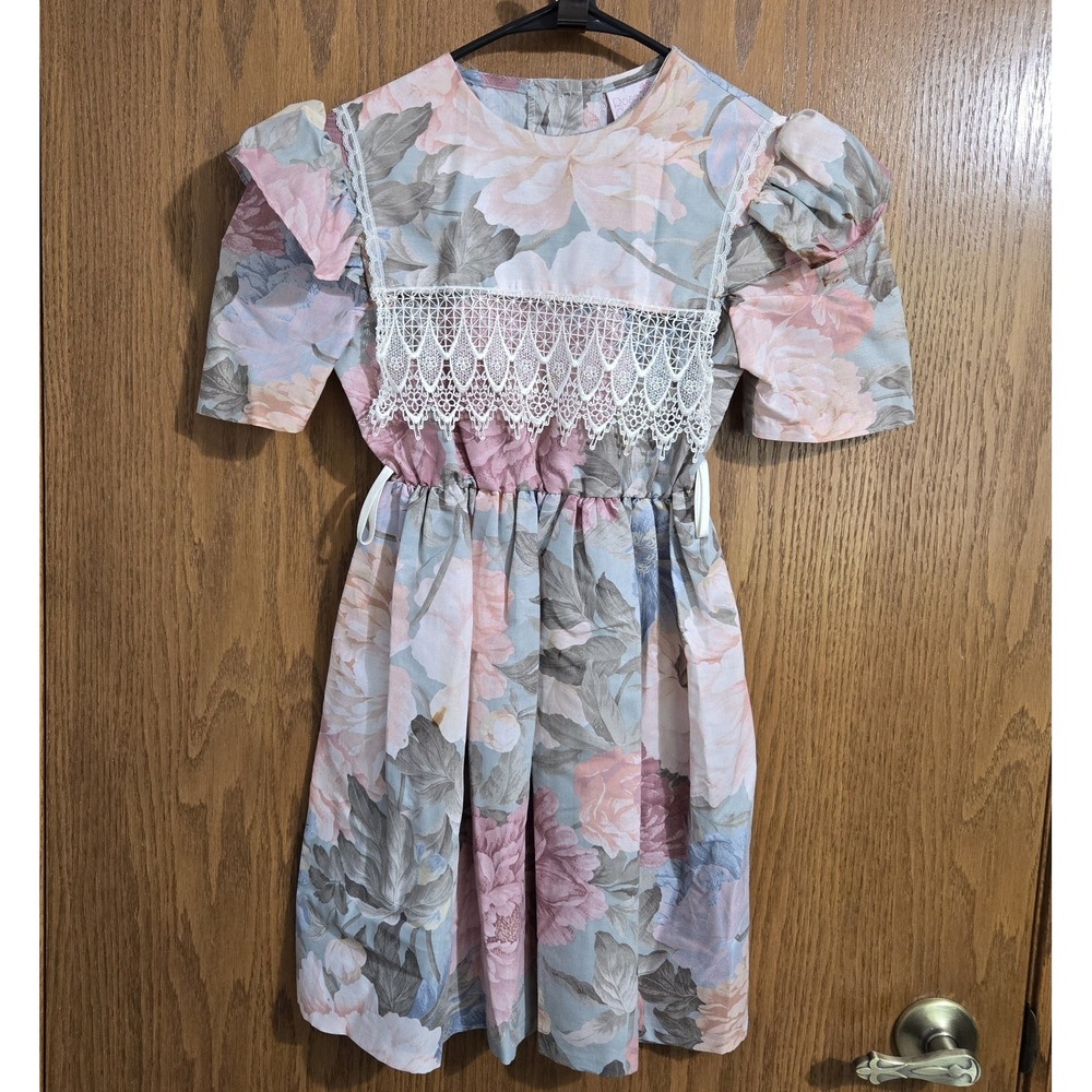 Vintage Rose Cottage Girls Floral Dress Pastel Peony 8 Lace Collar Ruffle Sleeve